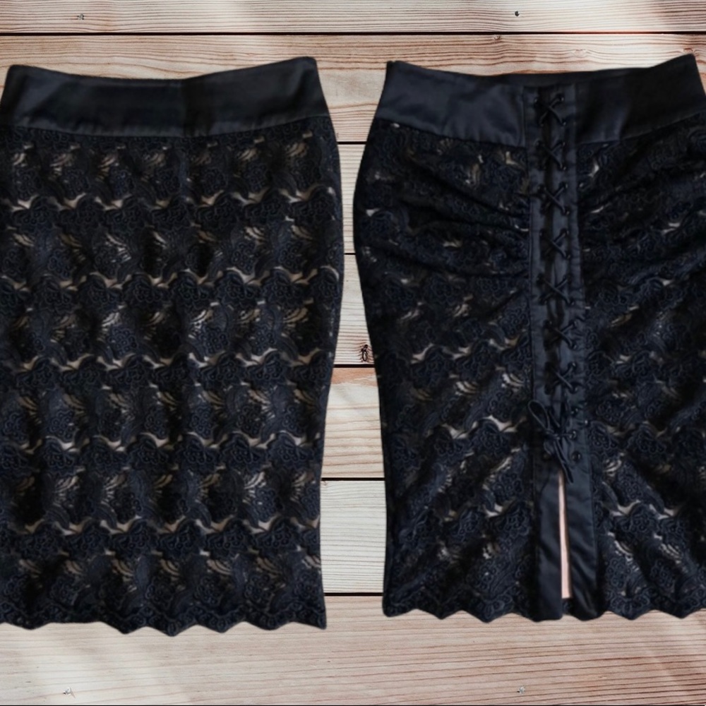 BEBE Black Lace Tie Up Pencil Skirt